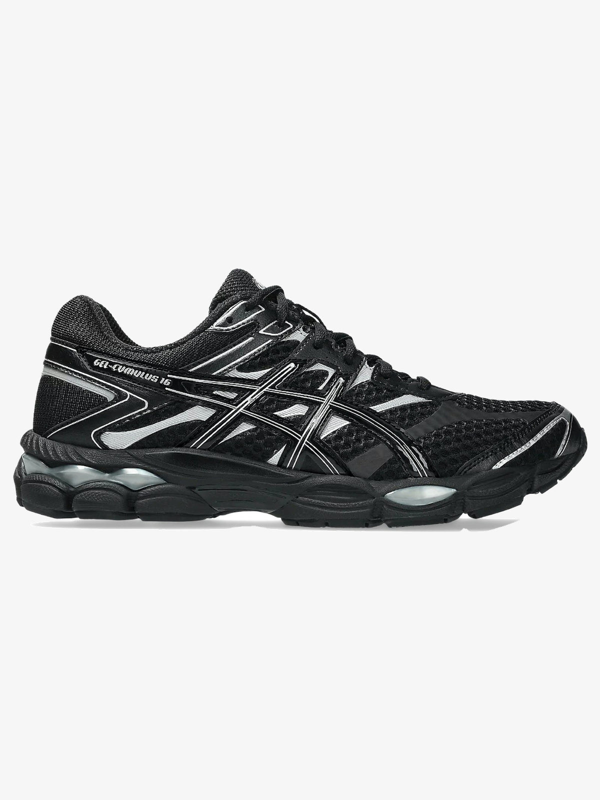 ASICS Gel-Cumulus 16 'Black Pure Silver' β front three-quarter