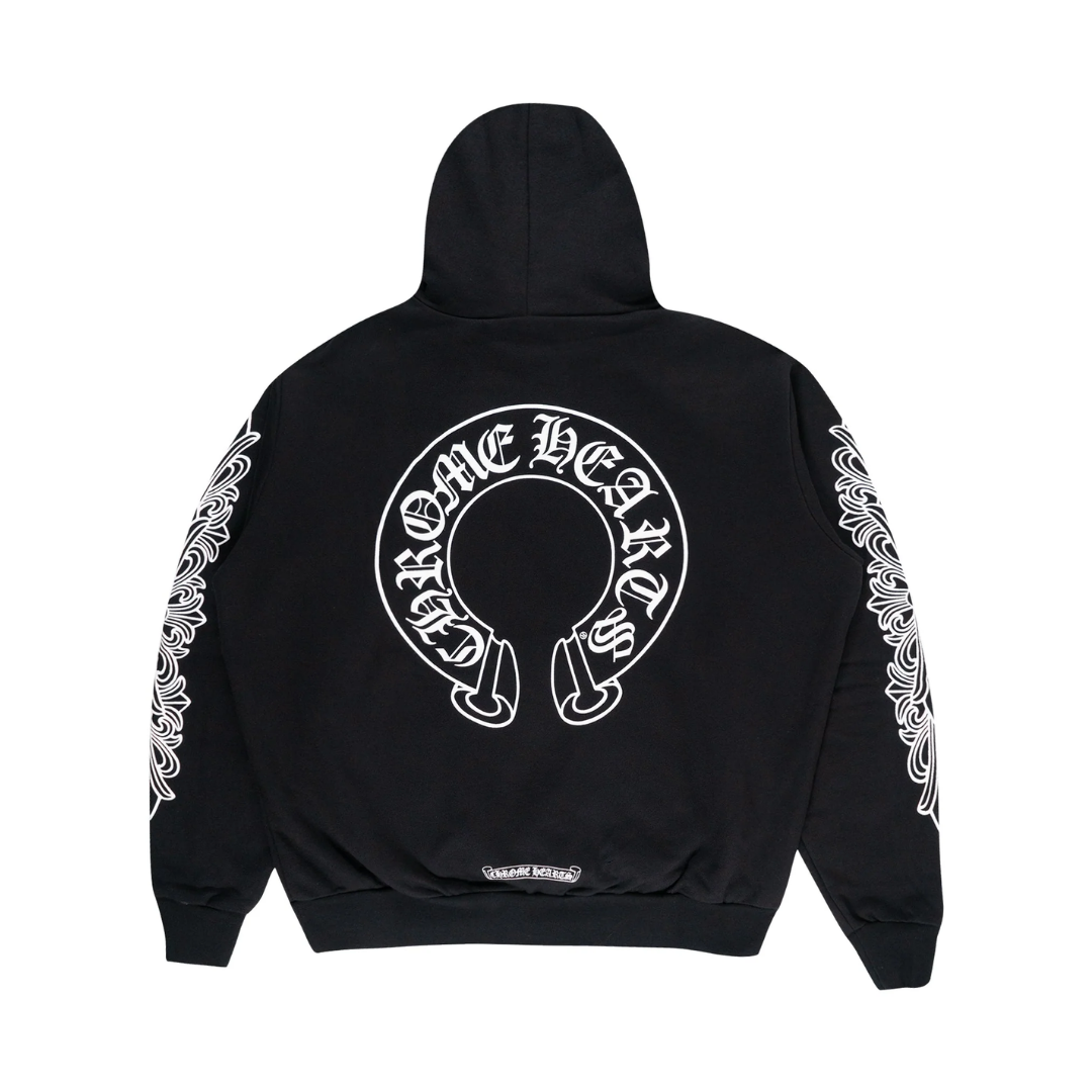 Chrome Hearts Horseshoe Floral Cross Sleeve Zip Up Hoodie Black/White