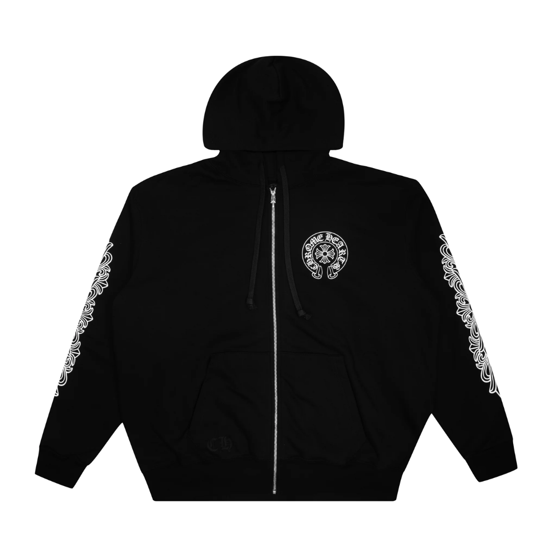 Chrome Hearts Horseshoe Floral Cross Sleeve Zip Up Hoodie Black/White