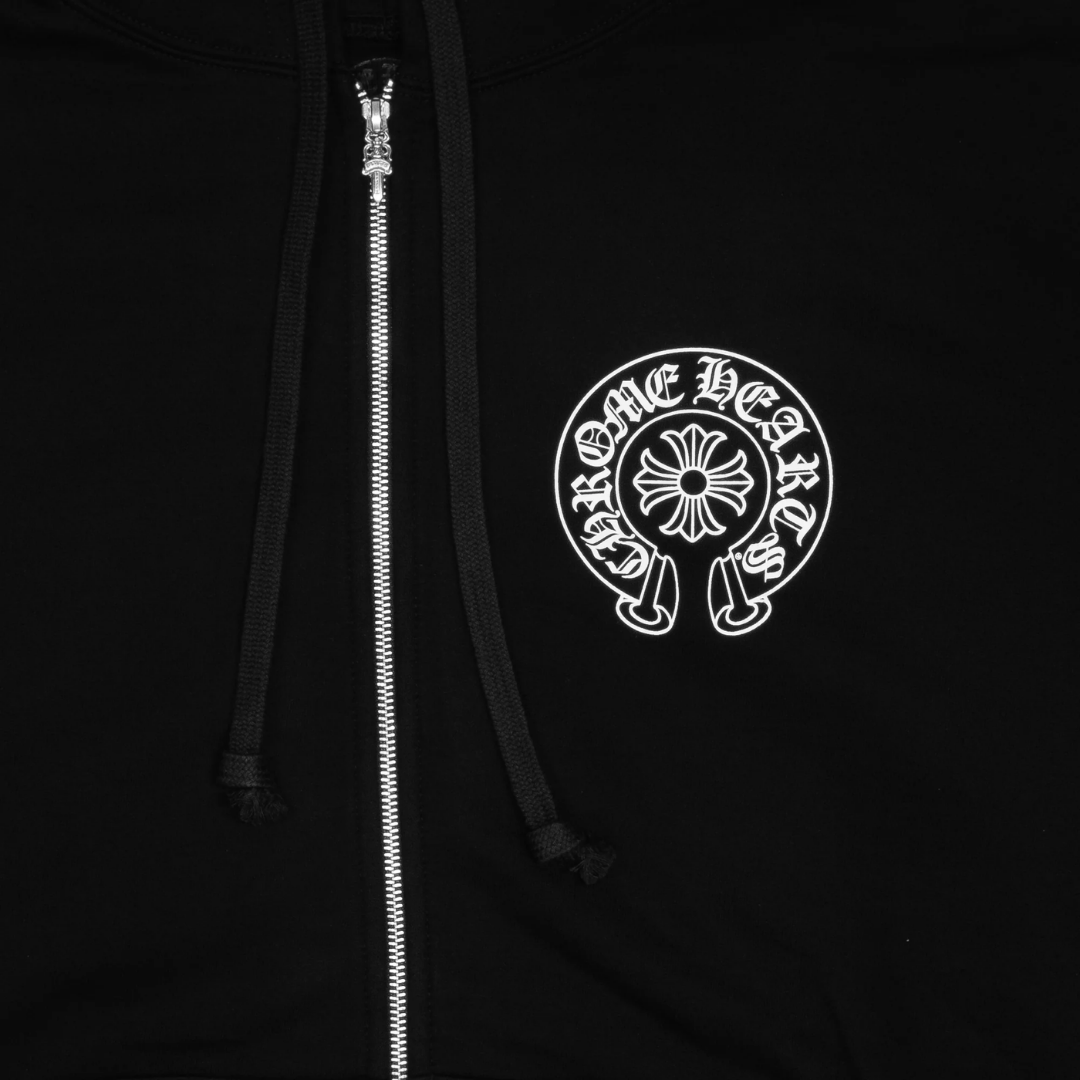 Chrome Hearts Horseshoe Floral Cross Sleeve Zip Up Hoodie Black/White