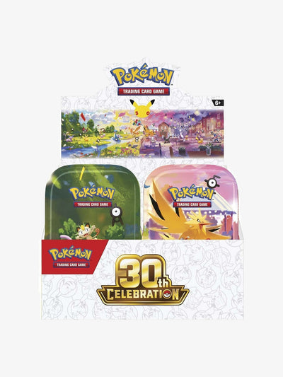 Pokémon TCG Mega Evolution 30th Celebration Mini Tin Display (10 Tins) – front