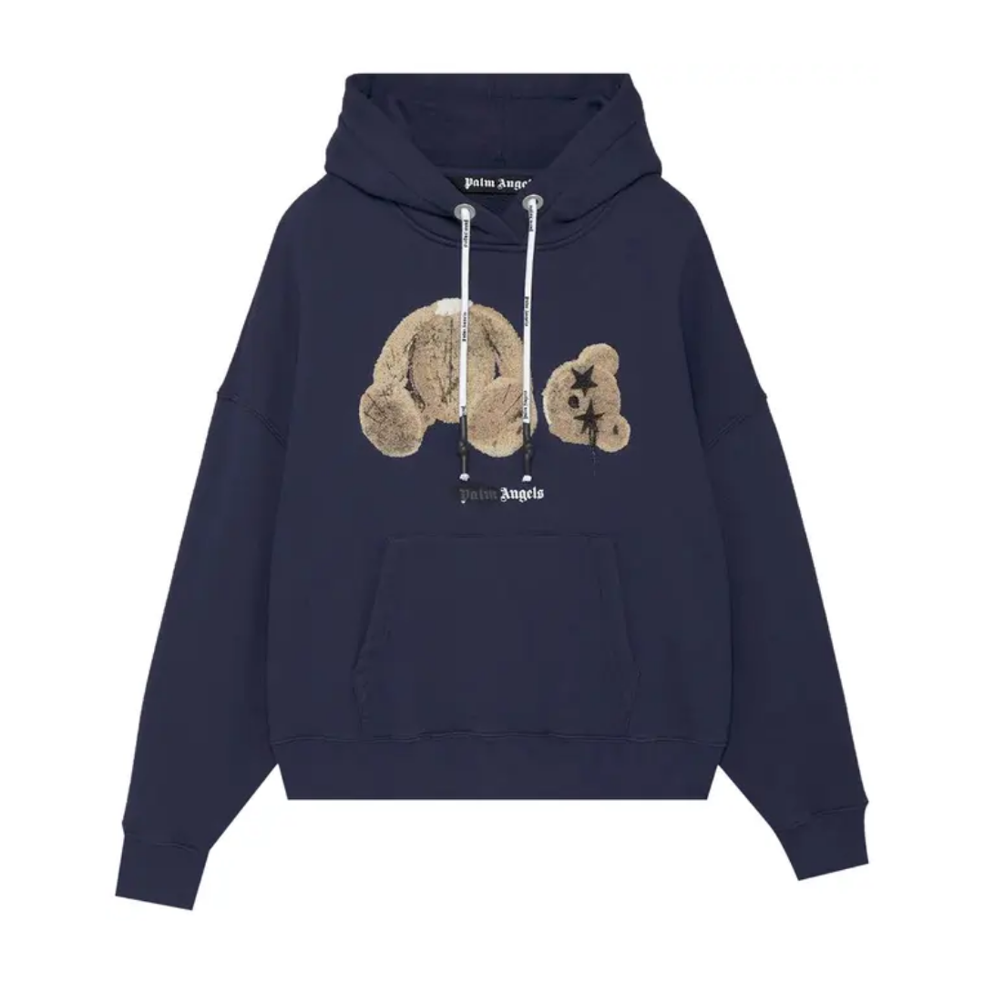 Palm Angels Bear Print Sprayed Logo Hoodie Navy Blue/Brown