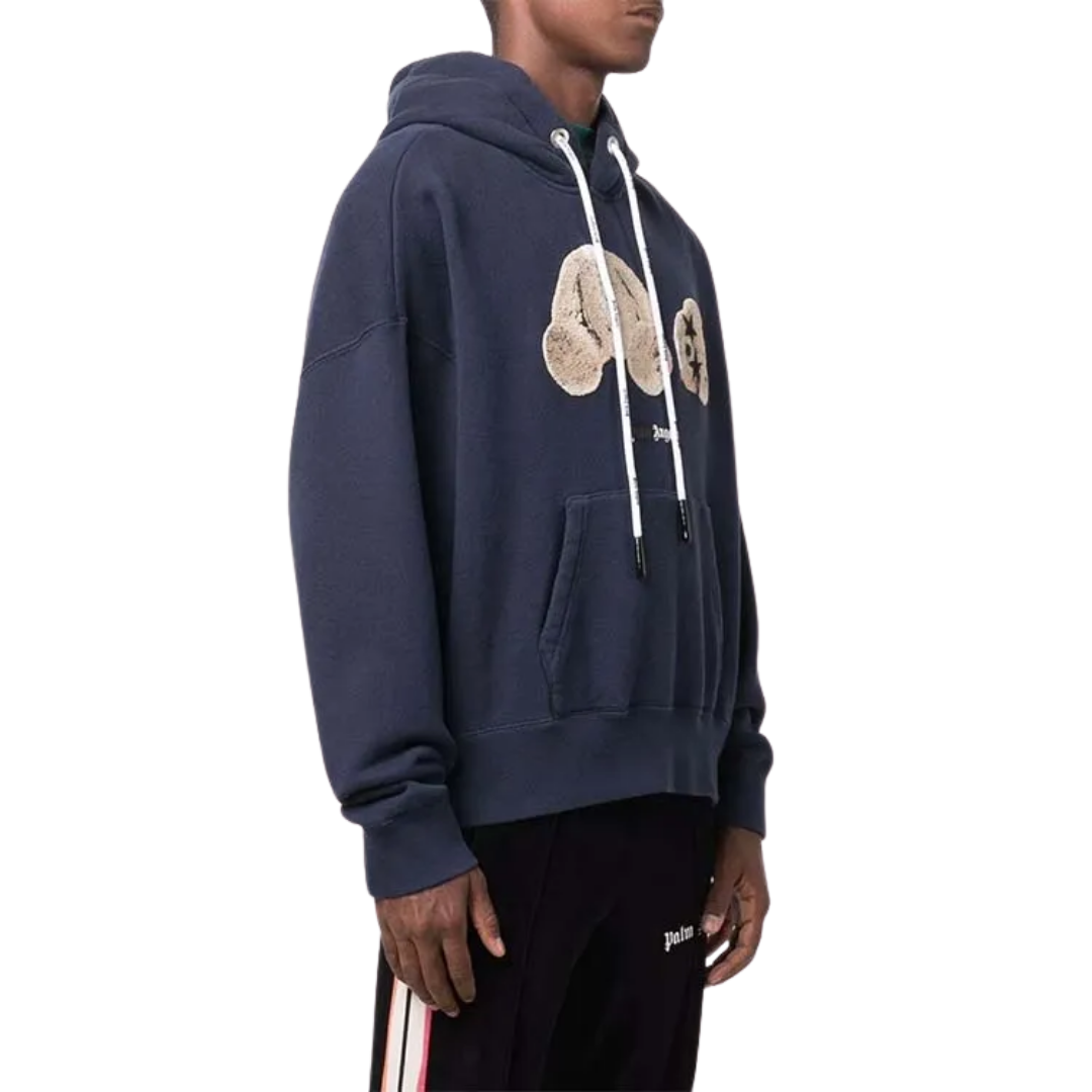 Palm Angels Bear Print Sprayed Logo Hoodie Navy Blue/Brown