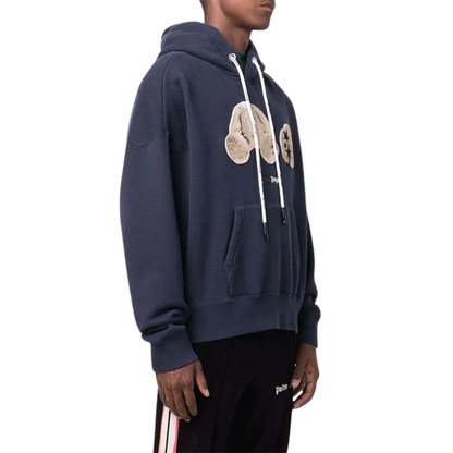 Palm Angels Bear Print Sprayed Logo Hoodie Navy Blue/Brown