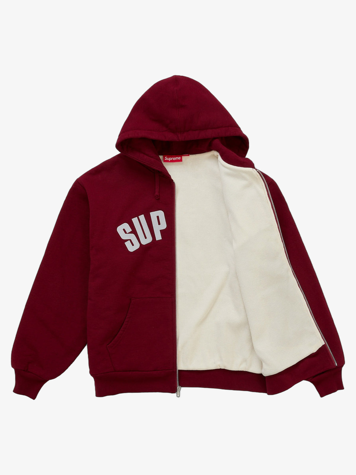 Supreme Arc Thermal Lined Zip Up Hooded Sweatshirt (FW26) 'Cardinal' – open