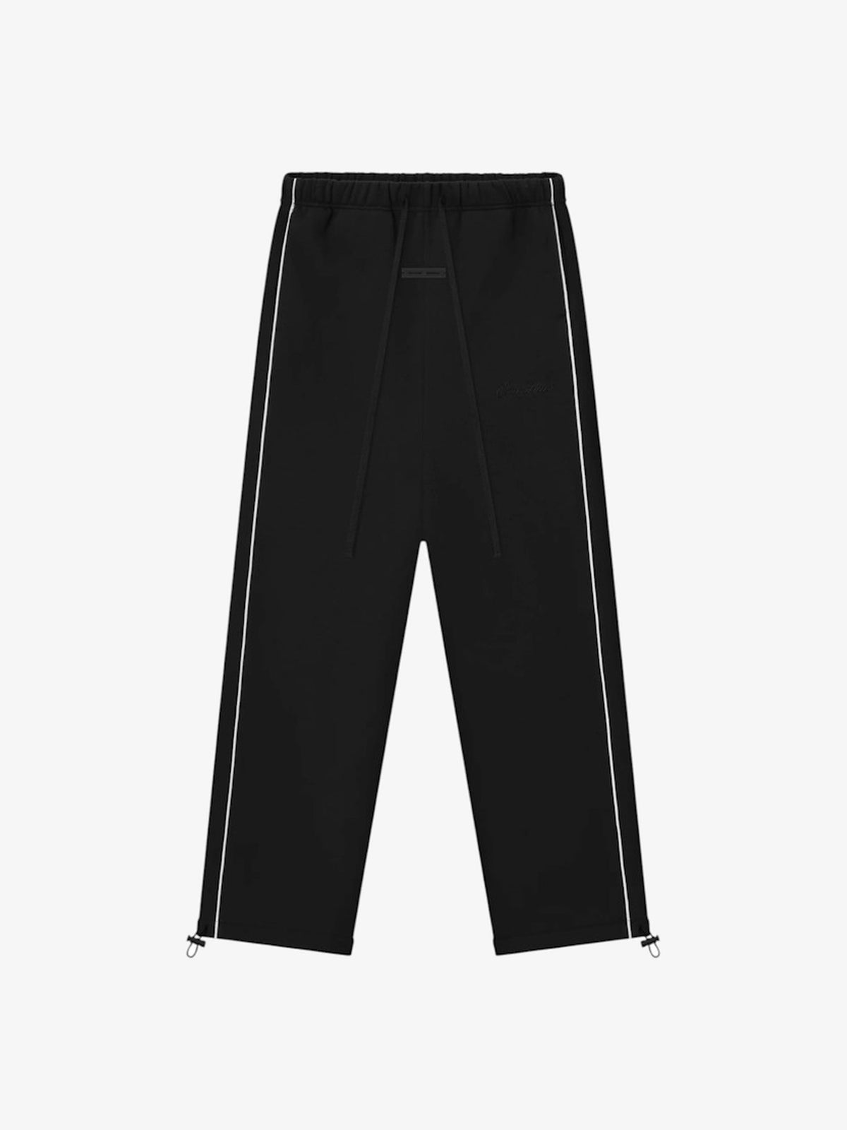 Fear of God Essentials Relaxed Fleece Piping Sweatpant 'Jet Black/Cloud White' – front, flat lay