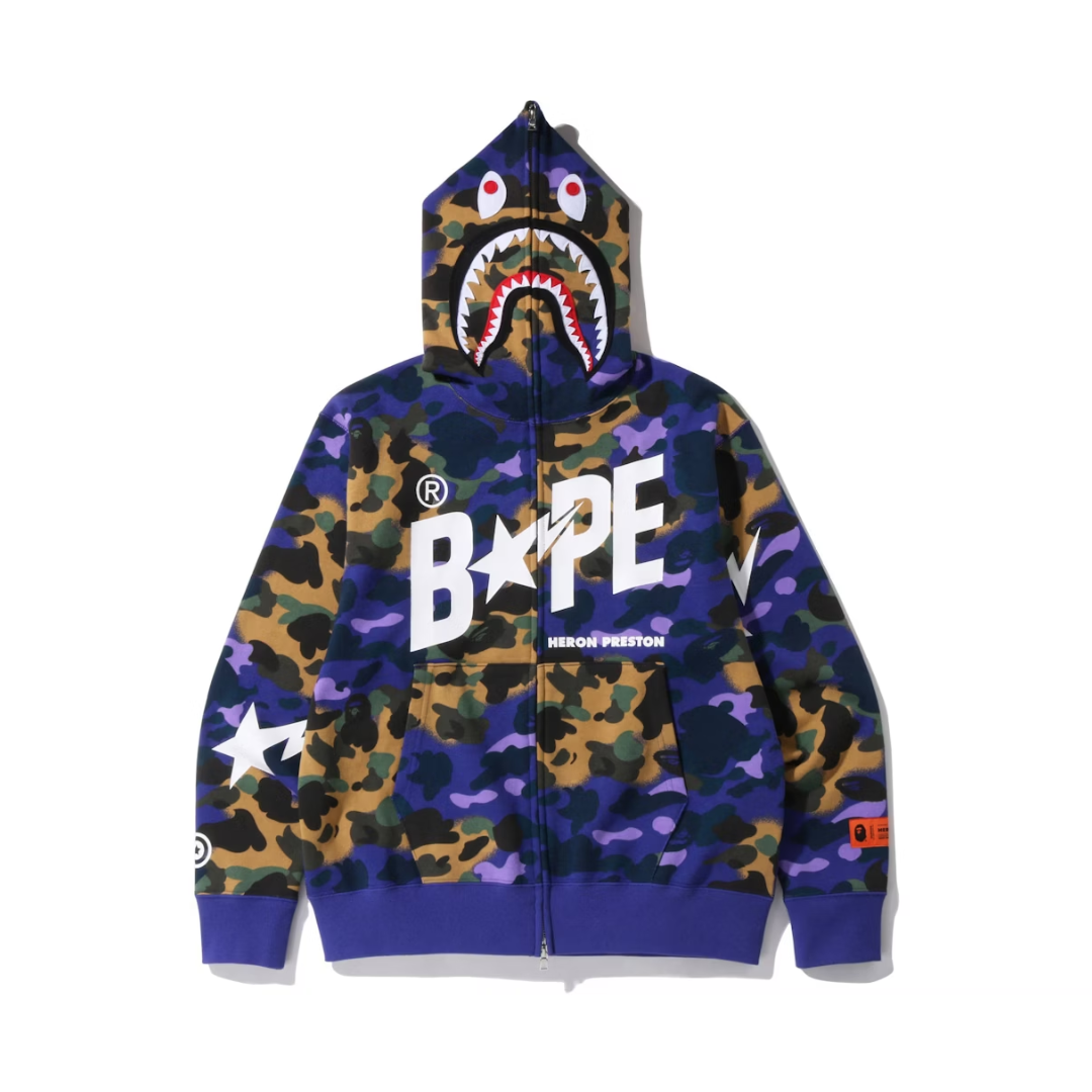 BAPE x Heron Preston Mix 1st Camo Shark Relaxed Fit Full Zip Hoodie Purple