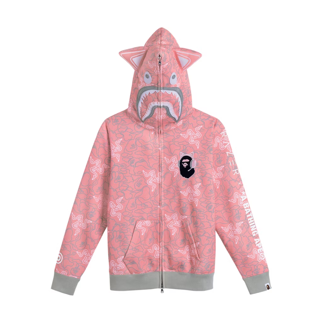 BAPE x Razer Neon Camo Shark Full Zip Hoodie Pink